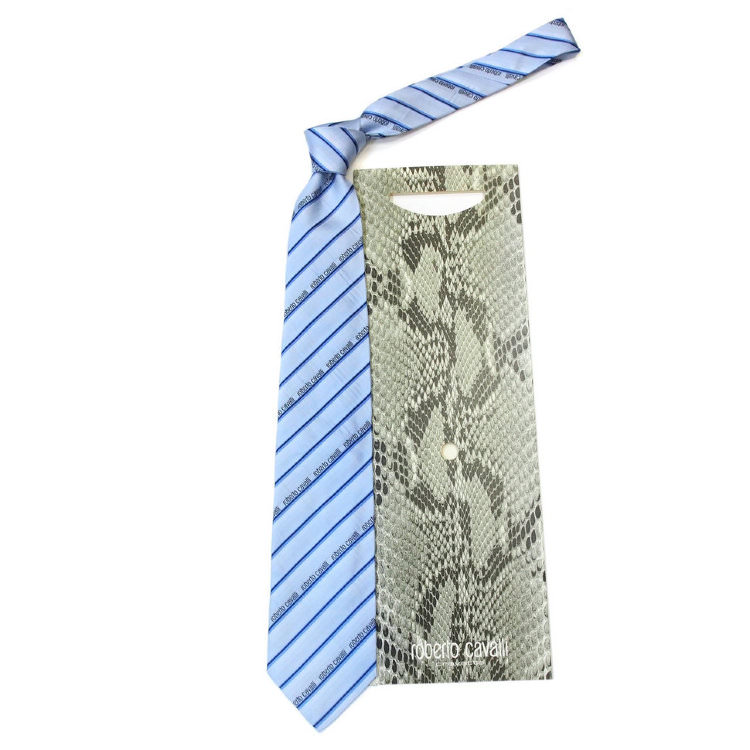 Светло-голубой шелковый галстук в тонкие синие полоски Roberto Cavalli 824569