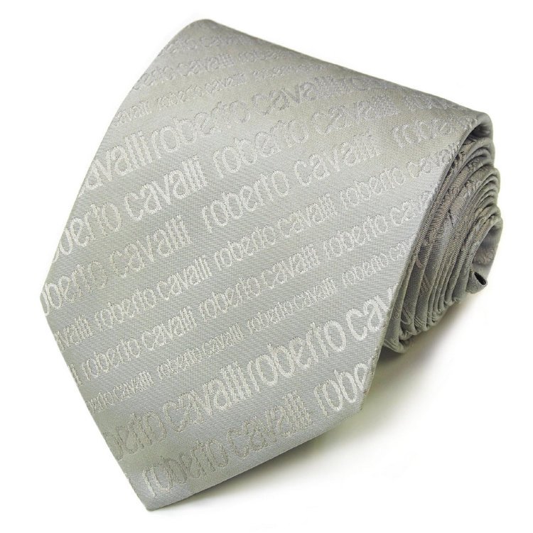 Однотонный светло-серый галстук с узором из логотипов Roberto Cavalli 824602
