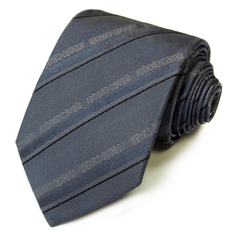 Серый классический галстук в тонкую коричневую полосу с логотипами Roberto Cavalli 824615