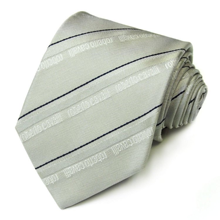 Светло-серый строгий галстук в тонкую черную полоску Roberto Cavalli 824661