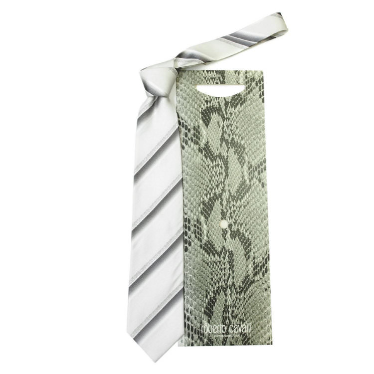 Белый шелковый галстук в классические серые полосы Roberto Cavalli 824723