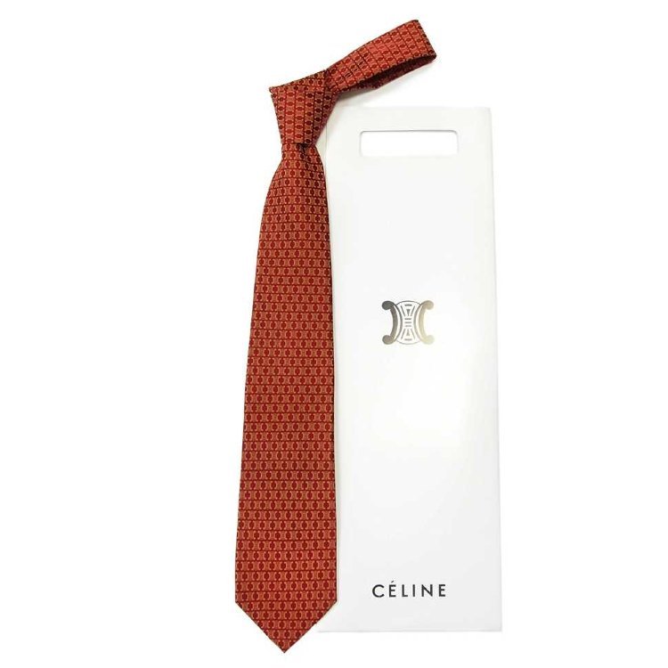 Сочетание золотистого на фоне бордового в виде логотипов на дизайнерском галстуке Celine 822937