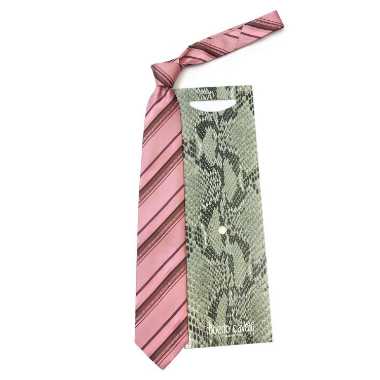 Нежно-розовый галстук в стильные полоски логотипы Roberto Cavalli 824909